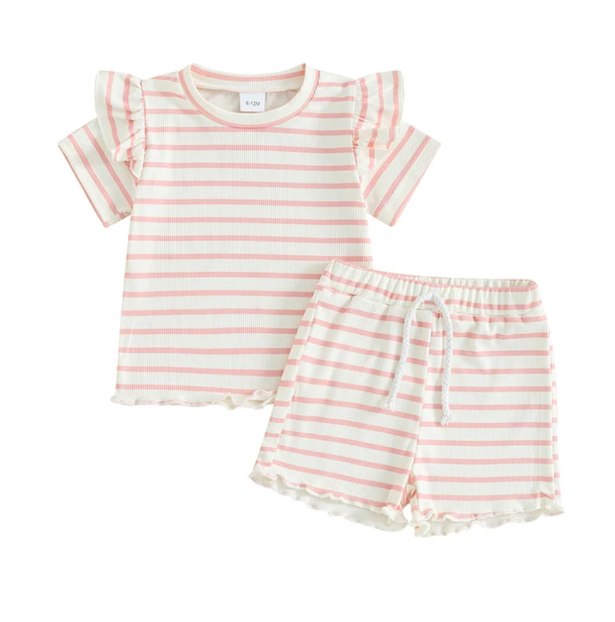 Pink Ruffle Sleeve Striped Set