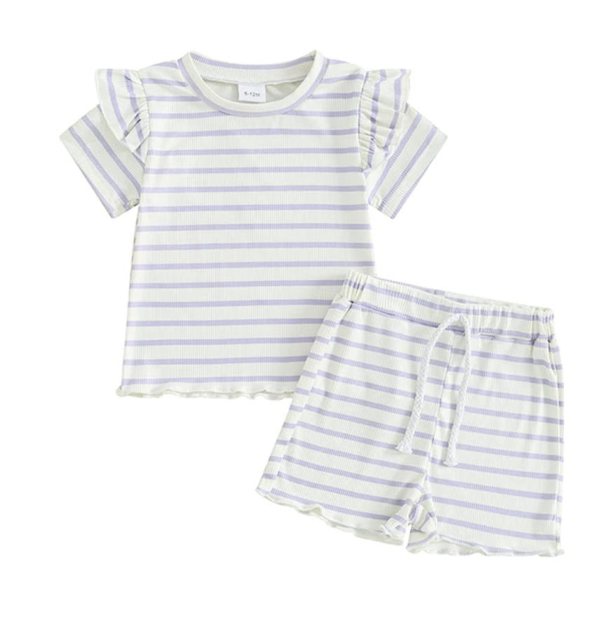 Purple Ruffle Sleeve Striped Set
