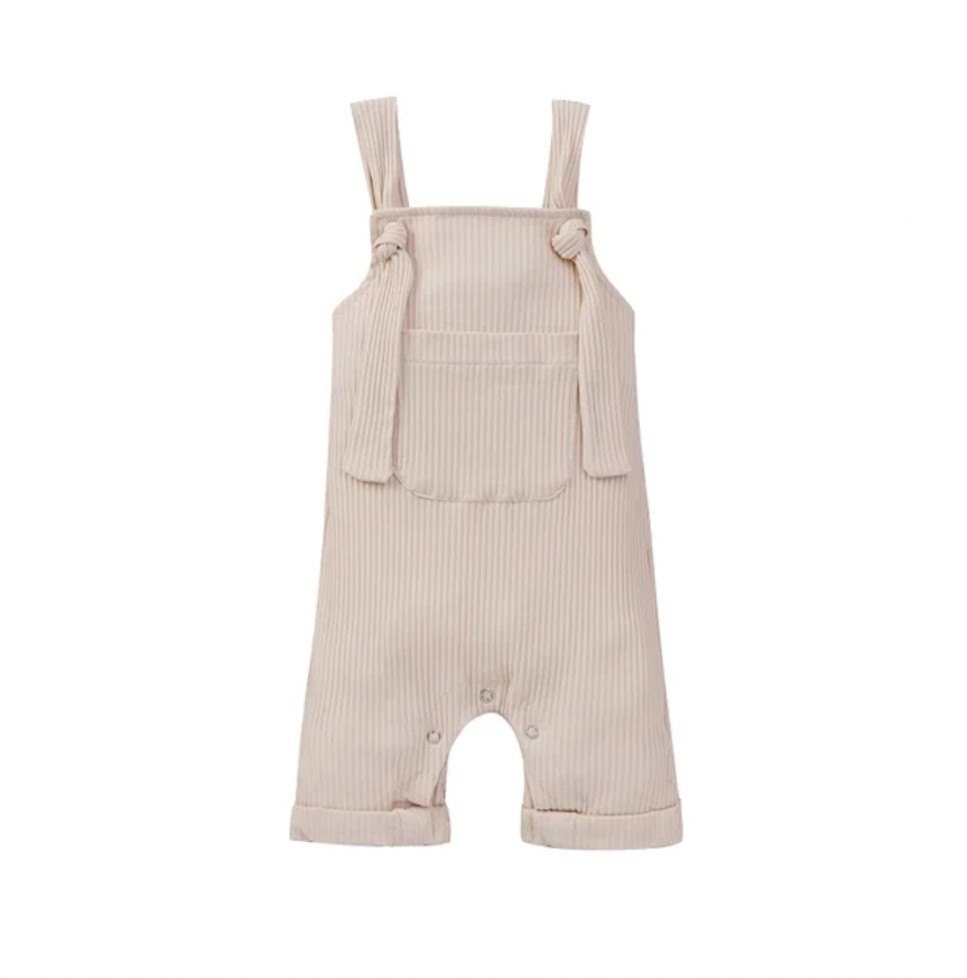 Beige Ribbed Knotted Overalls