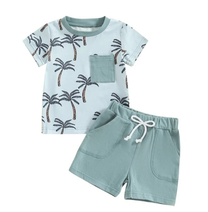 Palm Tree Pocket Tee Short Set