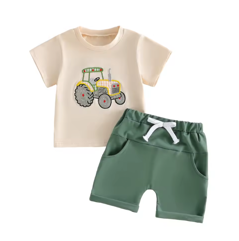 Embroidered Patchwork Tractor Short Set