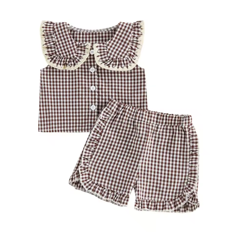 Dark Brown Ruffle Collared Button Short Set