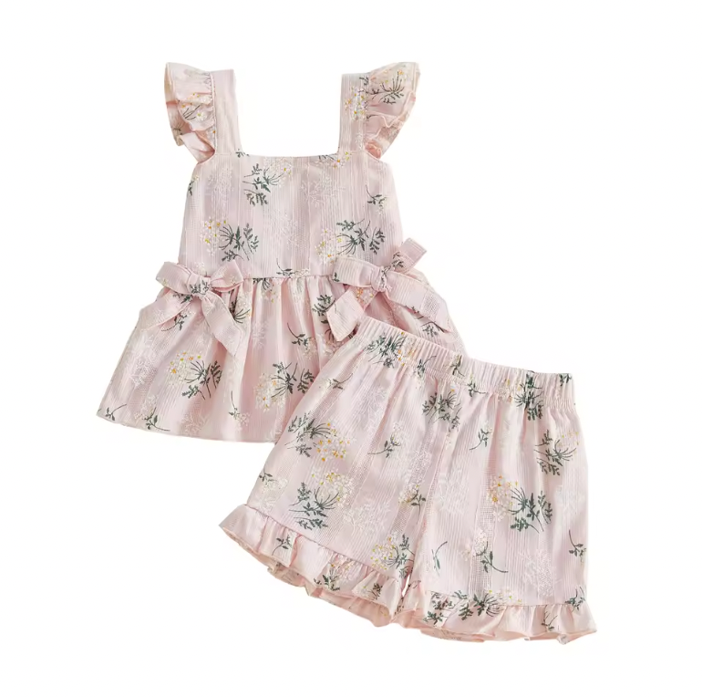Pink Floral Bow Ruffle Tank Short Set