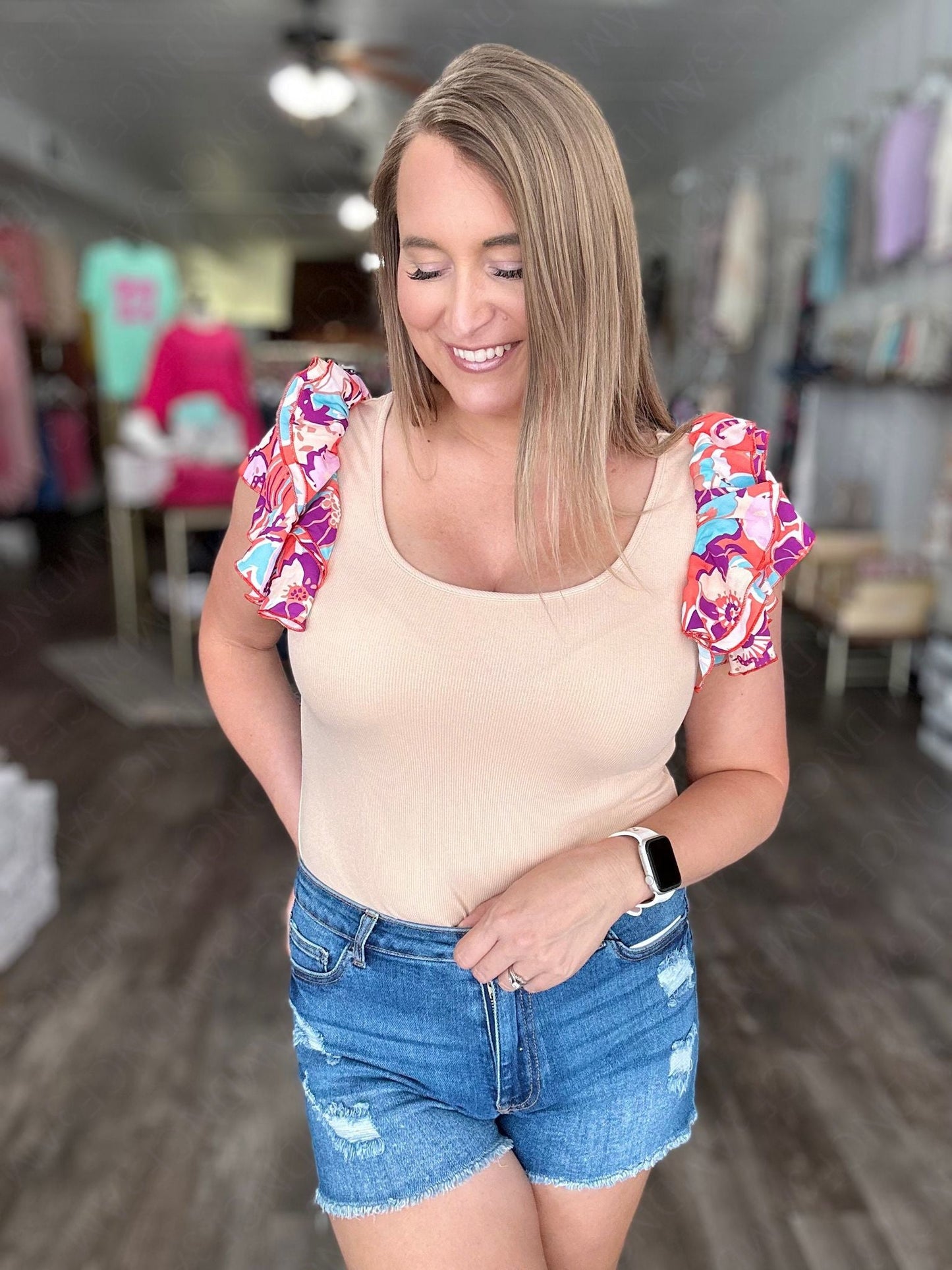 PREORDER: The Maci Floral Ruffle Sleeve Bodysuit 5.6.24 osym