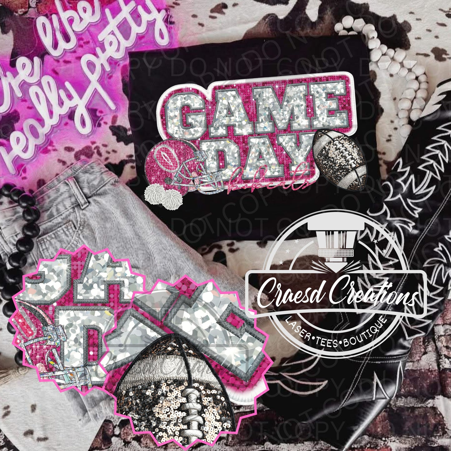 Pink Out Football Faux Bling Bobcats