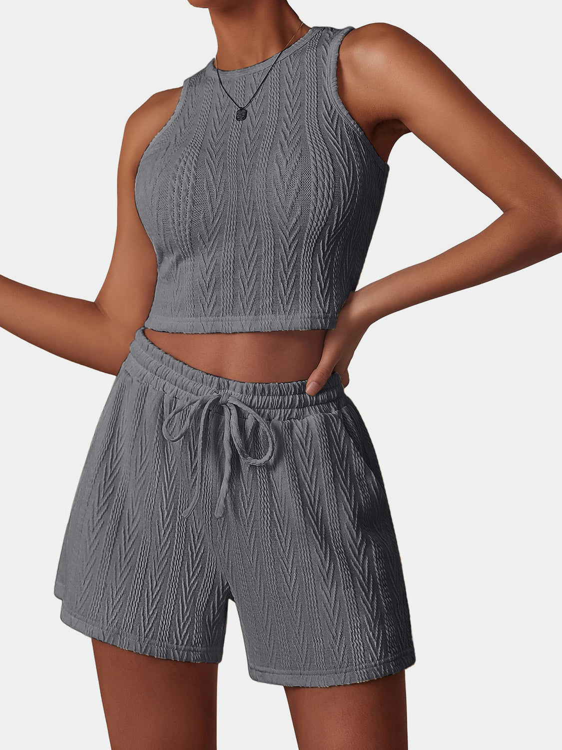 Textured Round Neck Top and Shorts Set