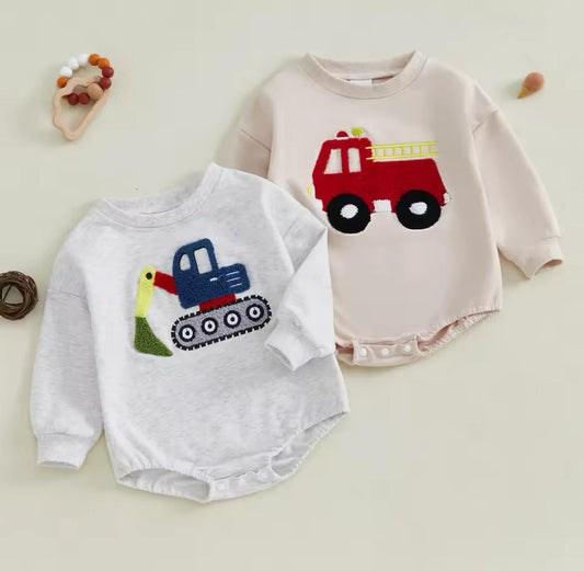 PREORDER: Excavator and Firetruck Patch Onesies 9.30.24