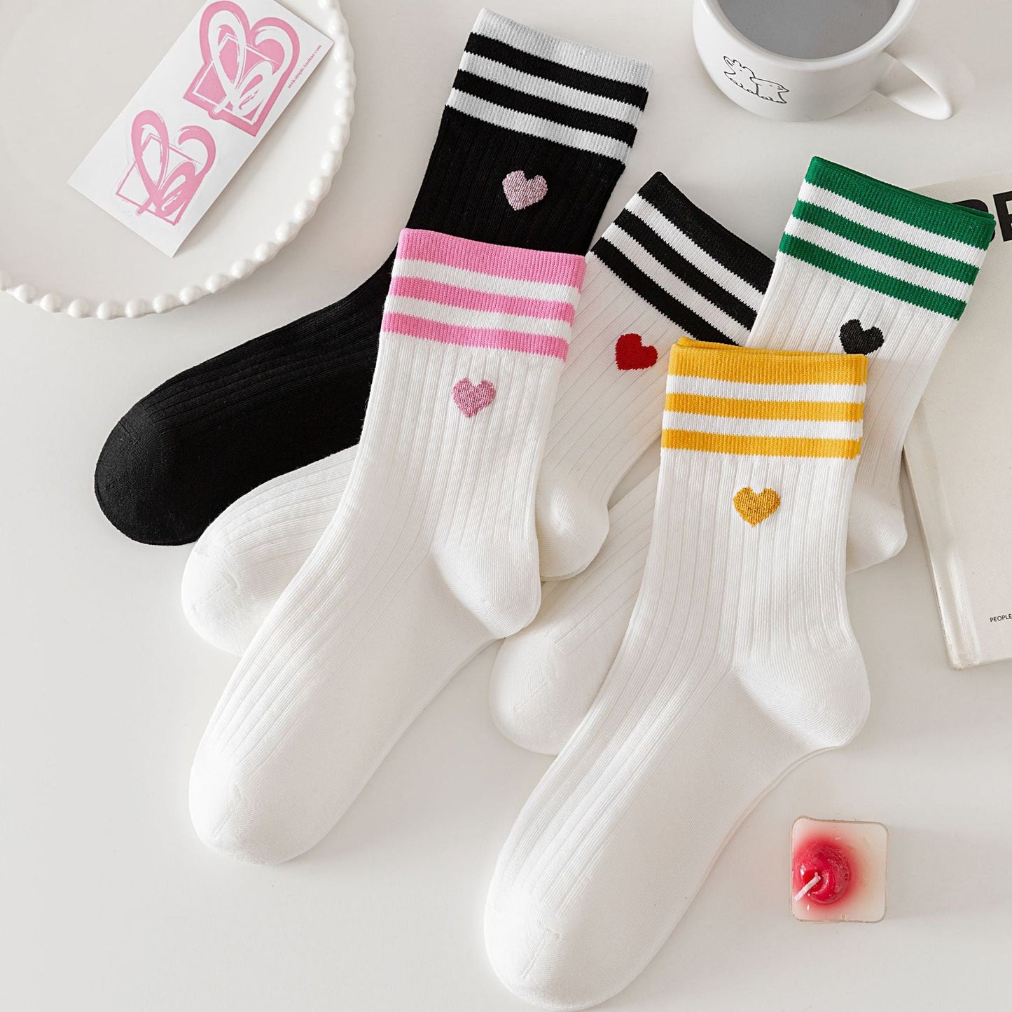 PREORDER: Adult Stripe and Heart Cotton Socks 12.23.24 osym