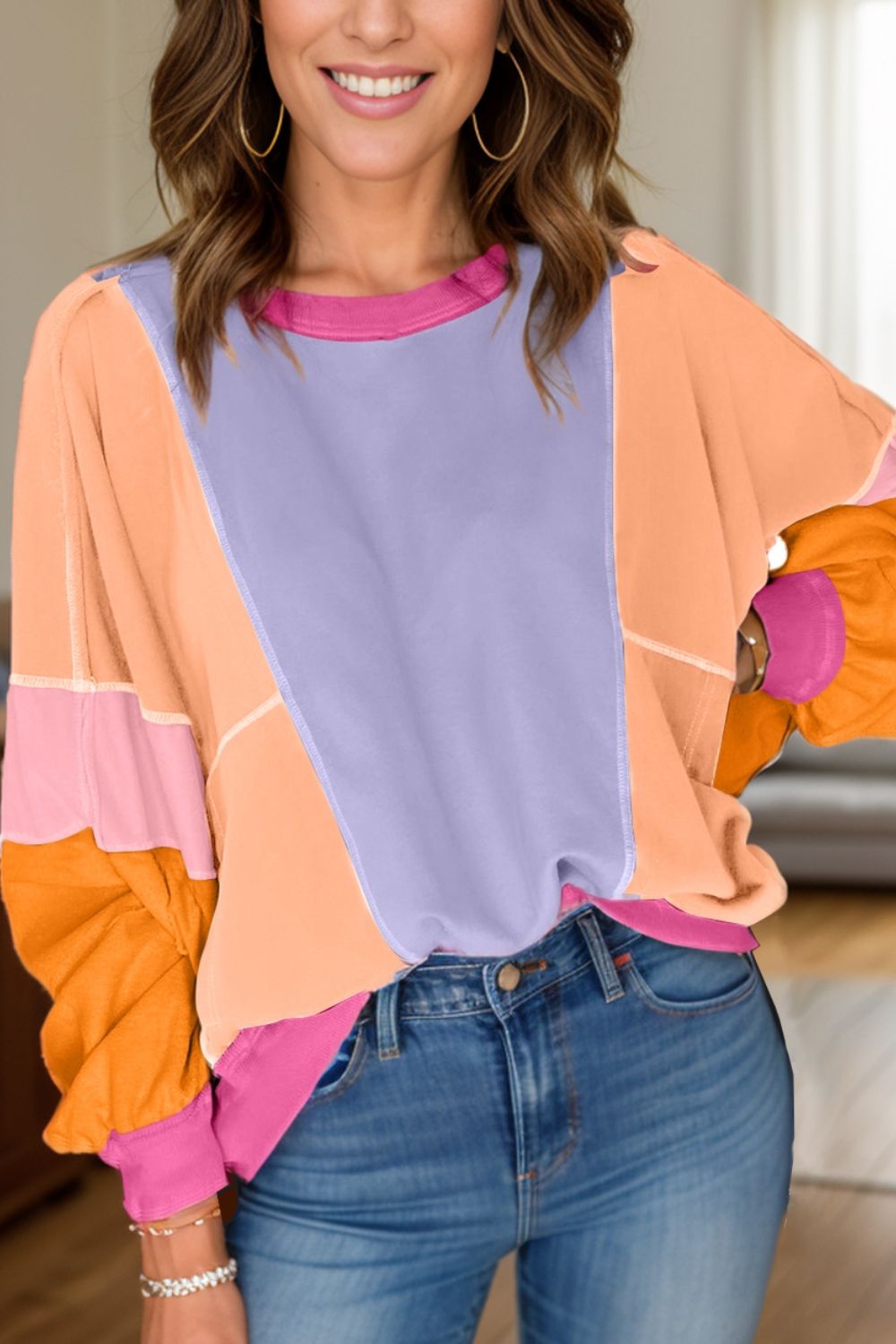 Color Block Round Neck Long Sleeve Top