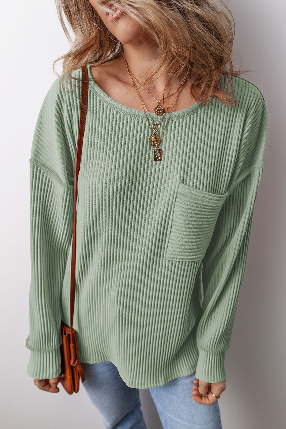 Pocketed Round Neck Long Sleeve Top