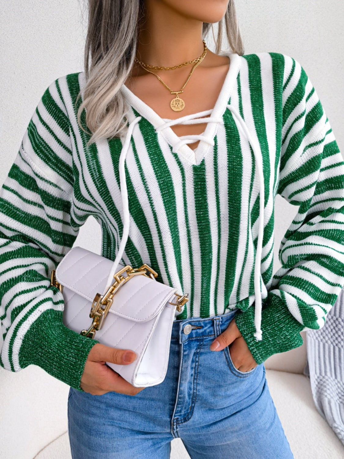 Striped Lace-Up Long Sleeve Sweater