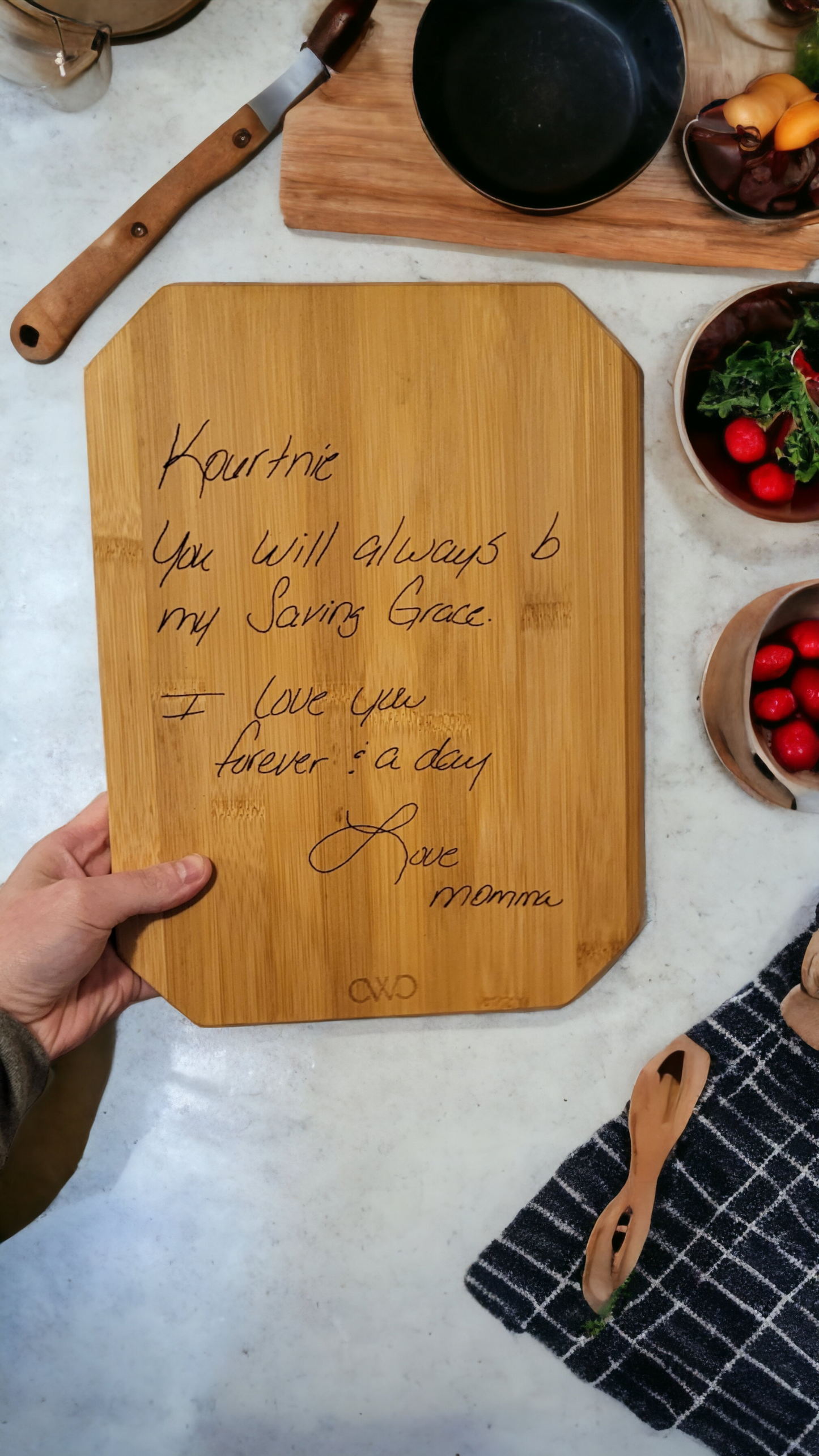 Custom laser engraved recipe/hand writing board.