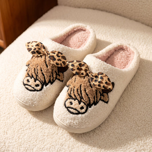 PREORDER: Highland cow with leopard bow slippers 8.24.26 OSYM