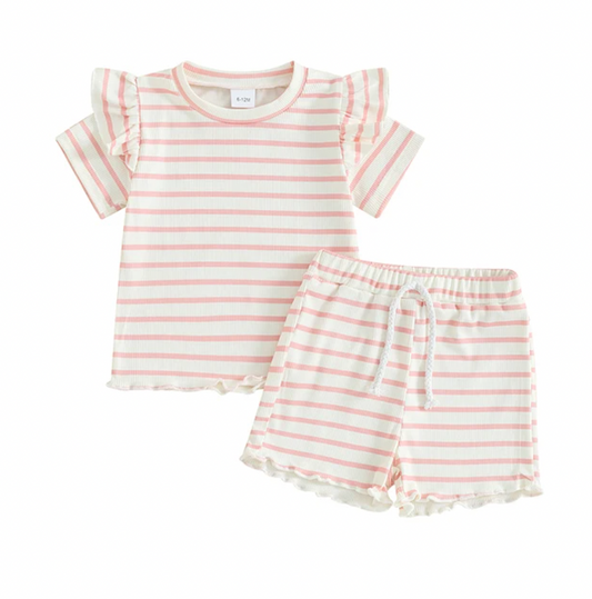 Pink Ruffle Sleeve Striped Set
