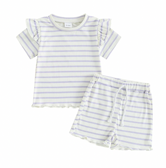 Purple Ruffle Sleeve Striped Set