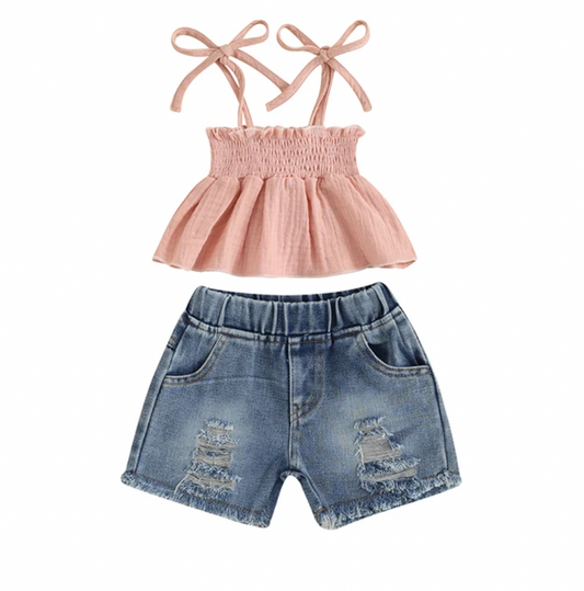 Pink Tied Sleeve Distressed Denim Short Set