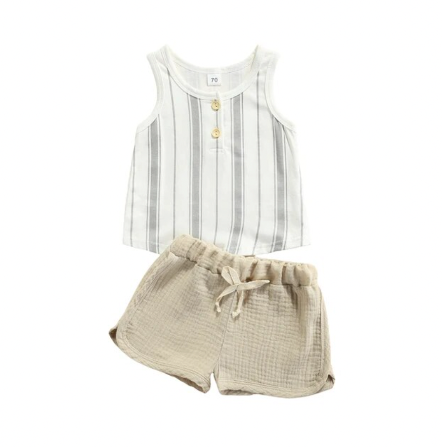White Striped Tank Muslin Short Set