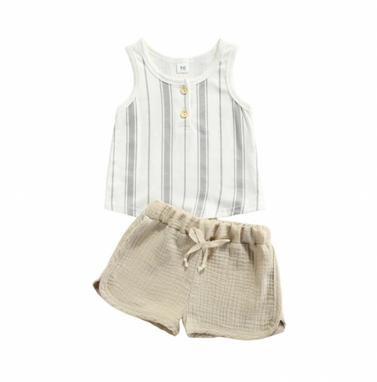 White Striped Tank Muslin Short Set