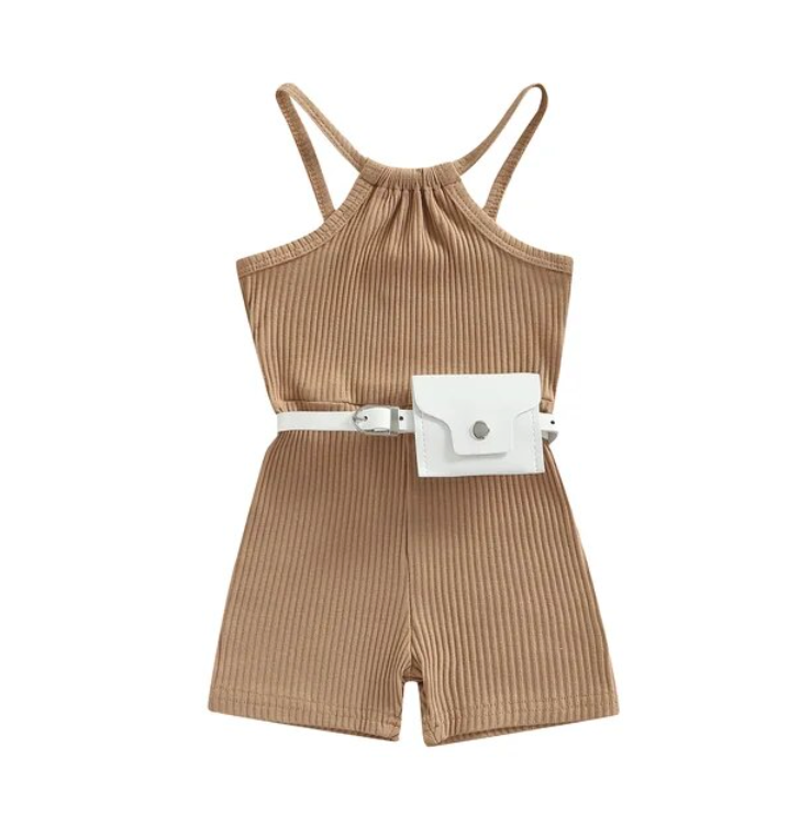 Tan Ribbed Romper with Waist Bag