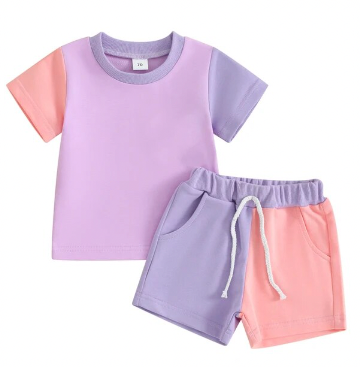 Purple and Pink Colorblock Shorts Lounge Set