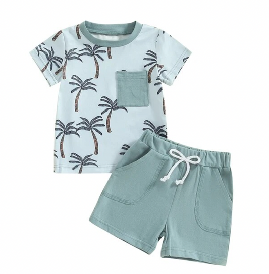 Palm Tree Pocket Tee Short Set
