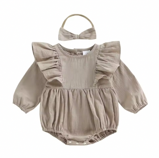 Khaki Ruffle Bubble Romper and Bow
