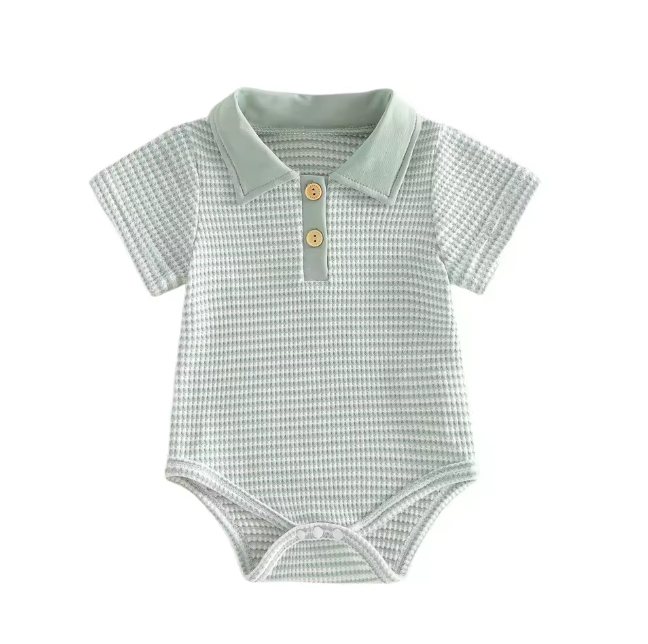 Green Waffle Knit Striped Collared Romper