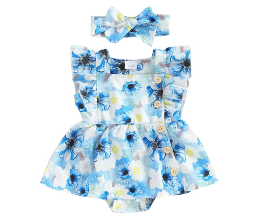 Button Blue Floral Skirted Romper