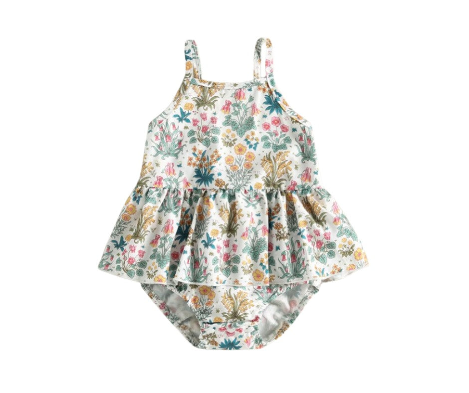 Botanical Tied Sleeve Skirted Romper