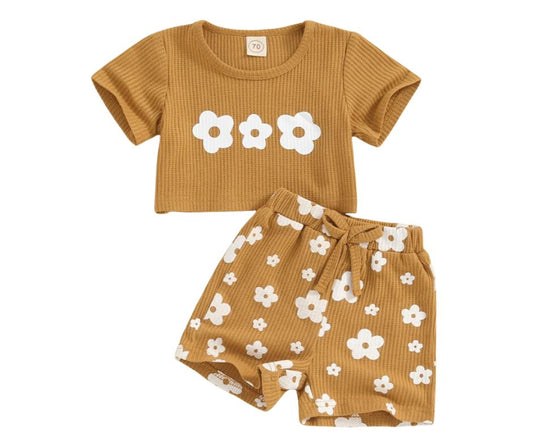 Ribbed Mustard Flower Cropped Set