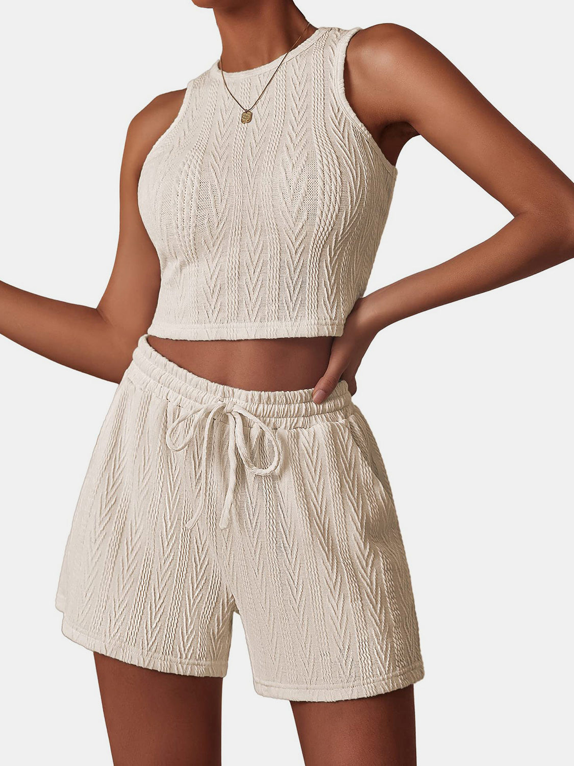 Textured Round Neck Top and Shorts Set