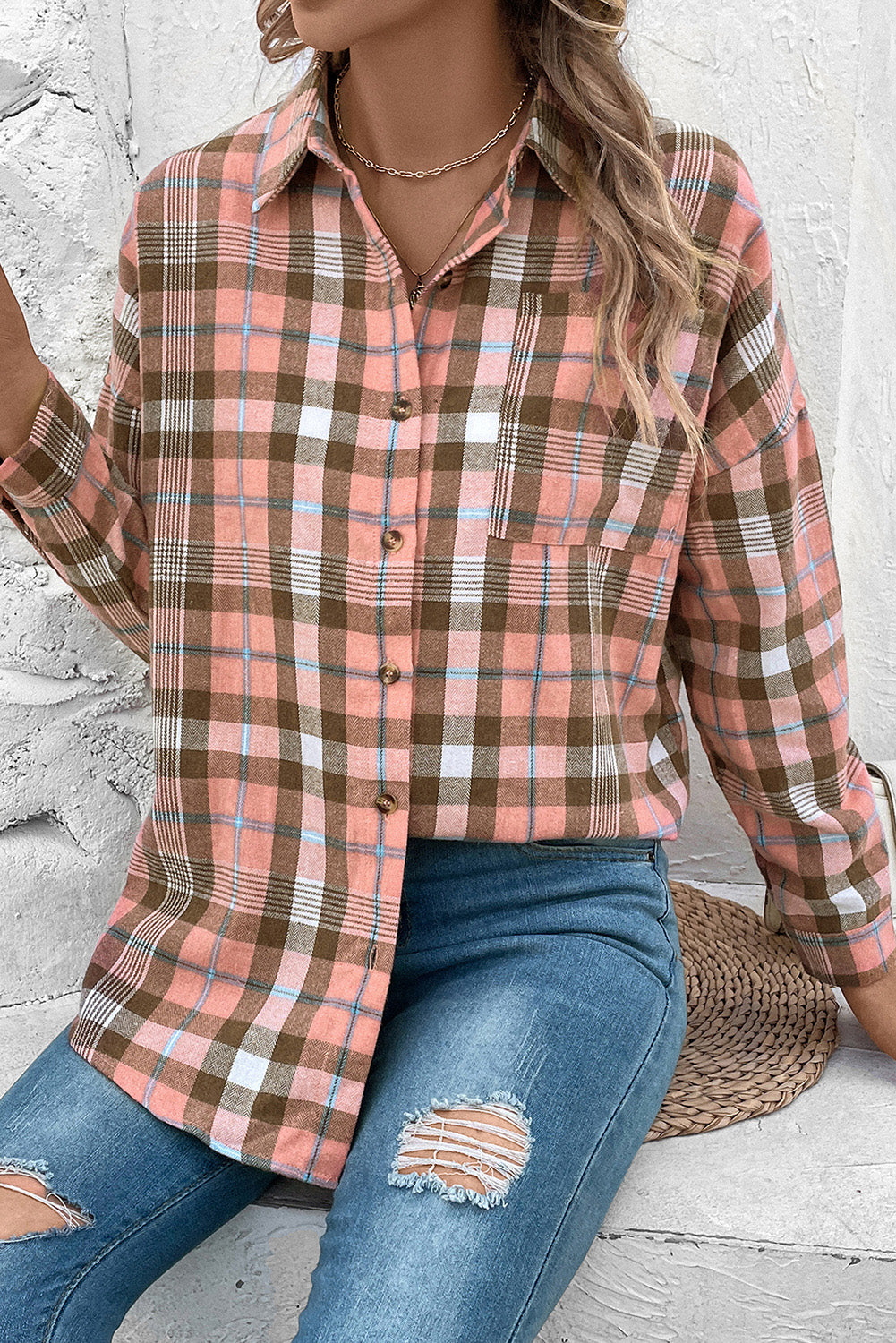 Plaid Collared Neck Long Sleeve Button-Up Shirt