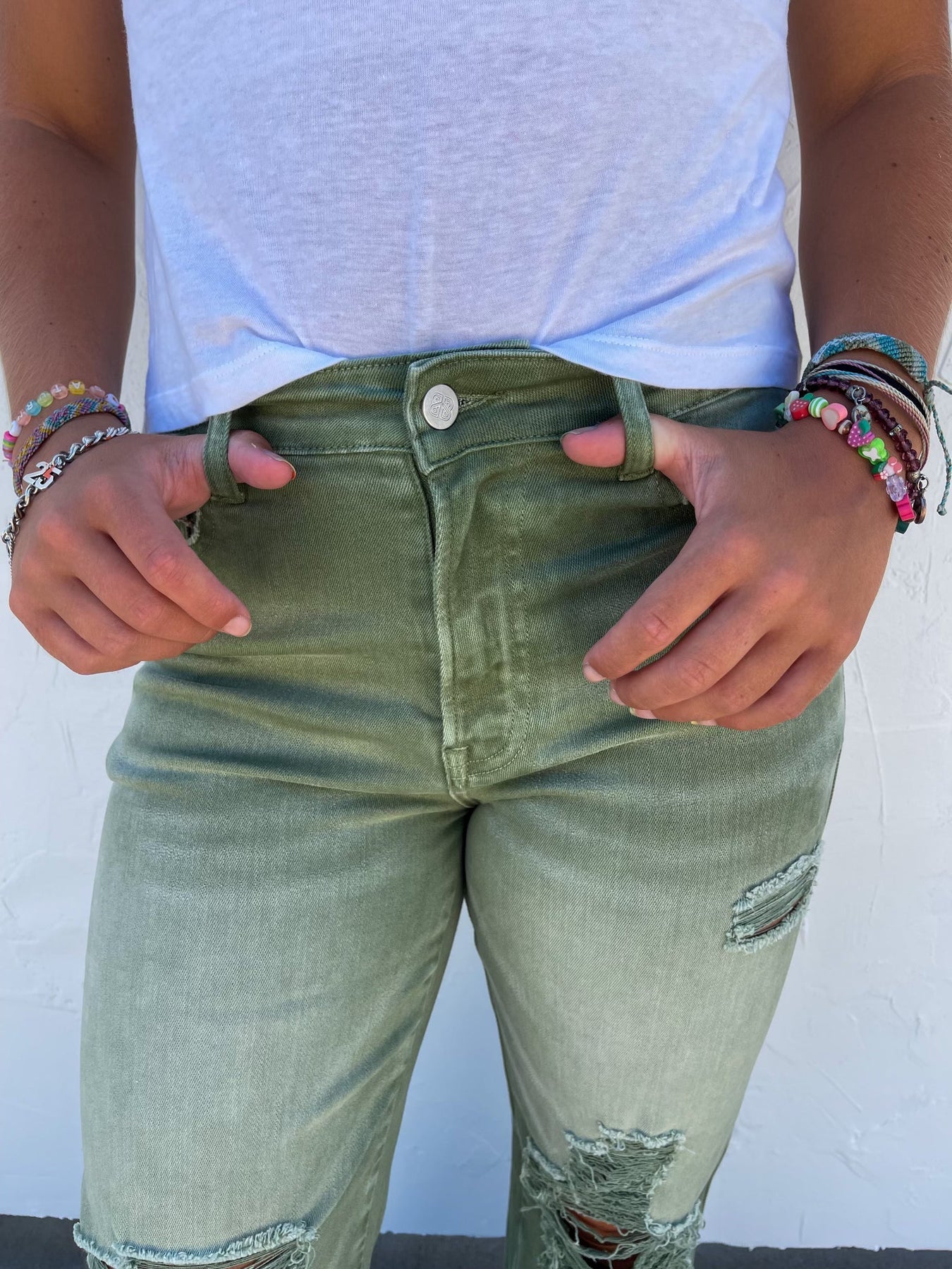 PREORDER: Blakeley Distressed Jeans In Olive and Camel